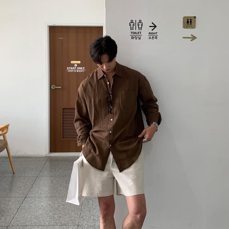 ベージュパンツ リラックス 麻混ハーフパンツ