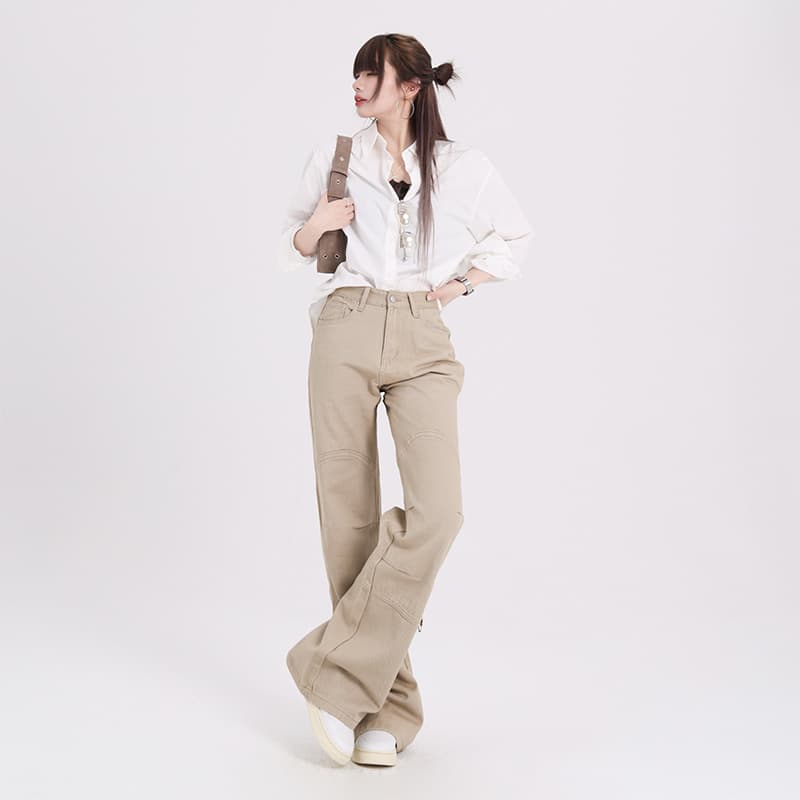ベージュパンツ 立体裁断 ワイドストレートパンツ