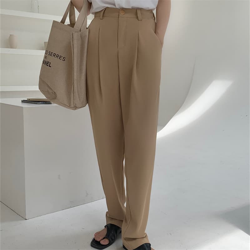 上品なハイウエストベージュパンツ ワイドロング