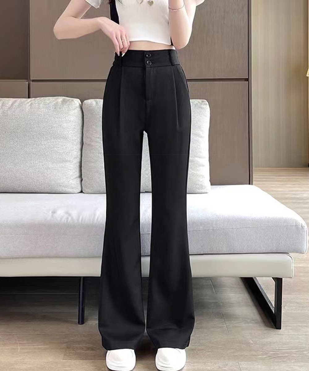 ベージュパンツ ベージュセミフレアワイドパンツ ハイウエストスラックス