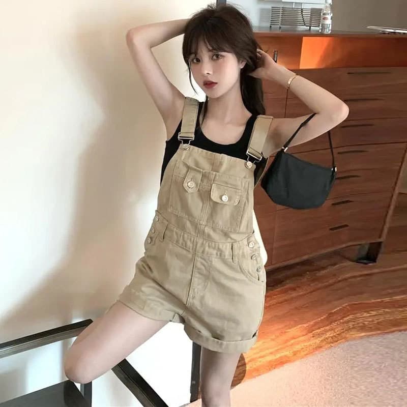 ベージュパンツ レディース ショート丈オーバーオール