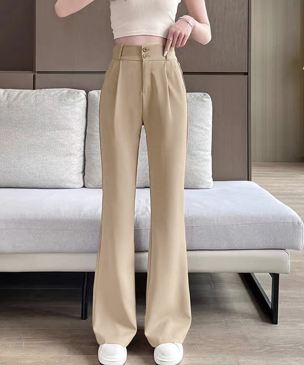 ベージュパンツ ベージュセミフレアワイドパンツ ハイウエストスラックス
