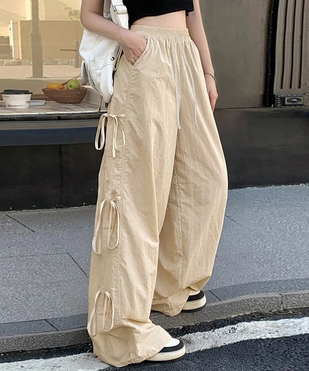 ベージュパンツ サイドリボン カーゴ ワイドパンツ