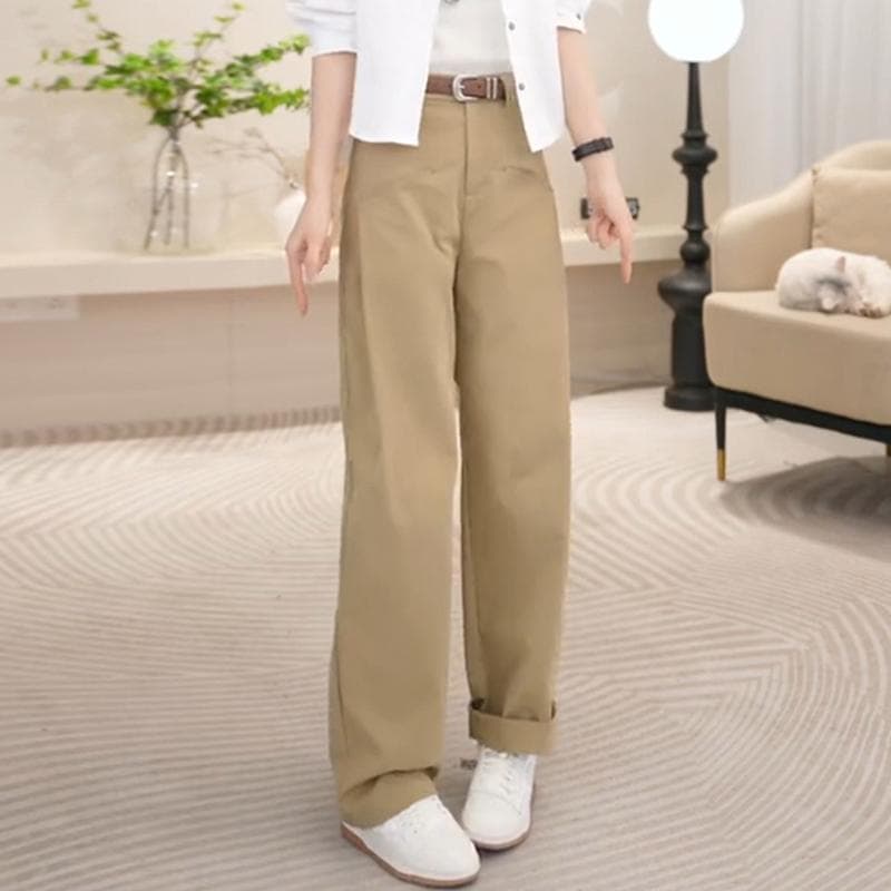 ベージュパンツ レディース ゆったりワイド丈ストレートパンツ
