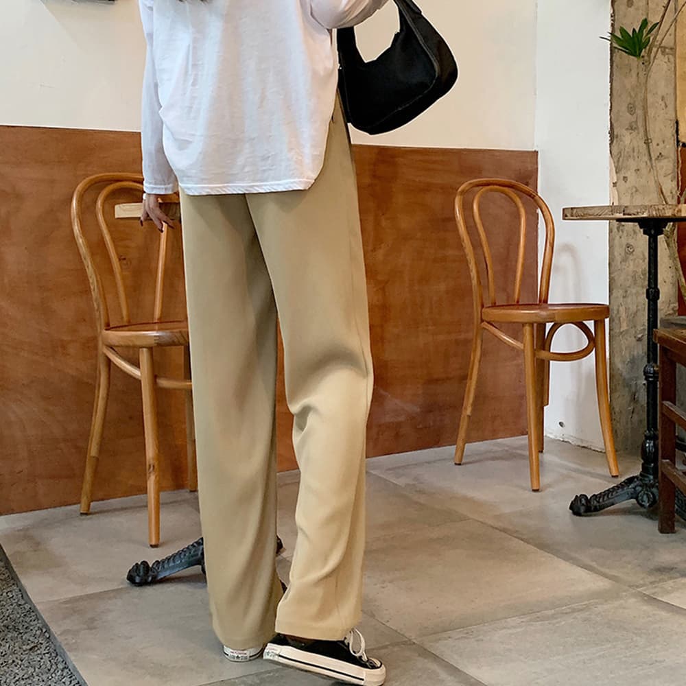ベージュパンツ 美脚ハイウエストストレートパンツ ベージュ紐調節セミワイド