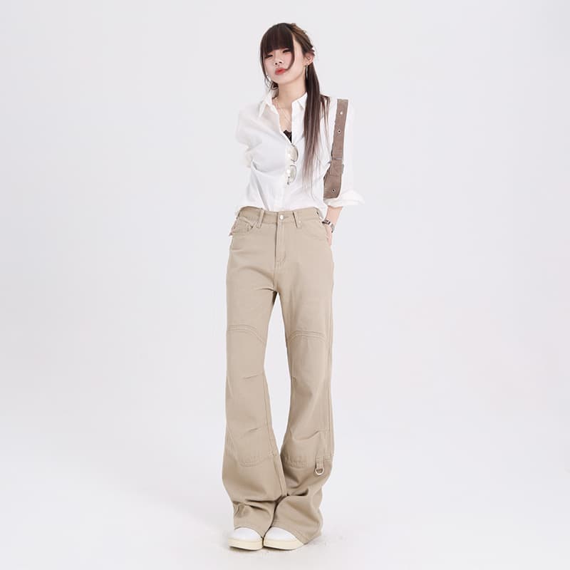 ベージュパンツ 立体裁断 ワイドストレートパンツ