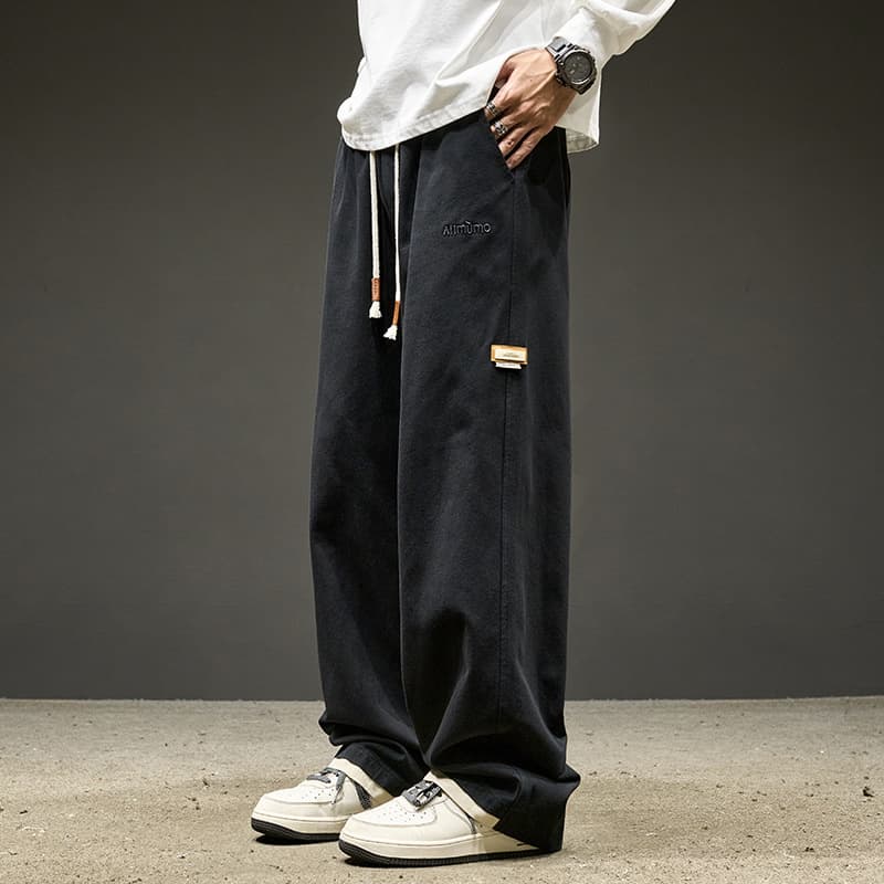 ベージュパンツ メンズ ゆったりシルエット綿混ワイドパンツ