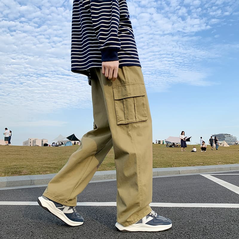 ベージュパンツ カーゴデザイン ゆったりパンツ