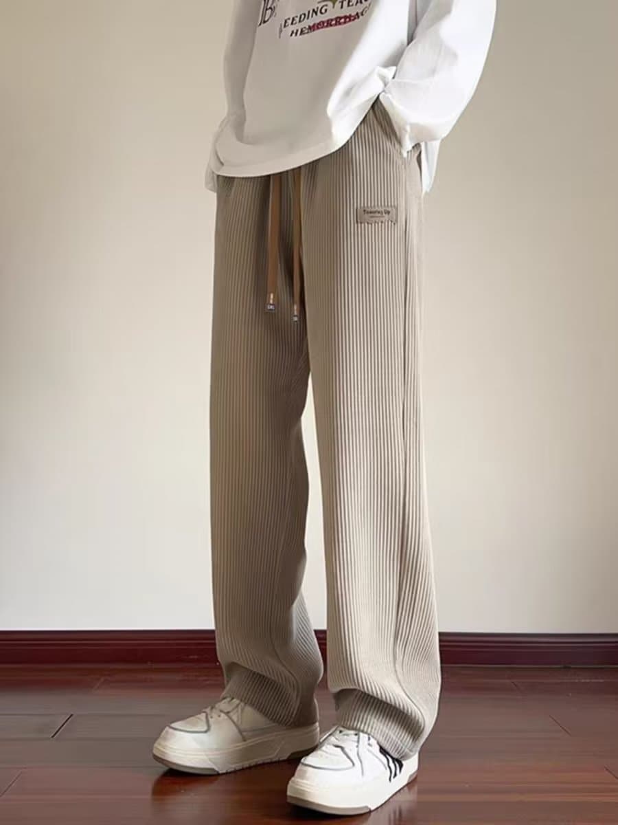 ベージュパンツ メンズ リブニット ゆったりパンツ