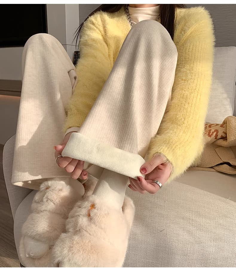 ベージュパンツ レディース ウエスト楽ちんリブニットワイドパンツ