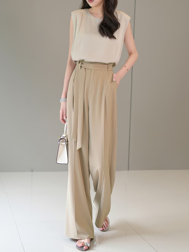 ベージュパンツ レディース リボンベルト付き ワイドパラッツォパンツ