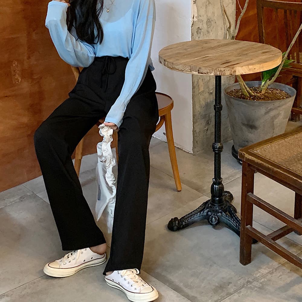 ベージュパンツ 美脚ハイウエストストレートパンツ ベージュ紐調節セミワイド