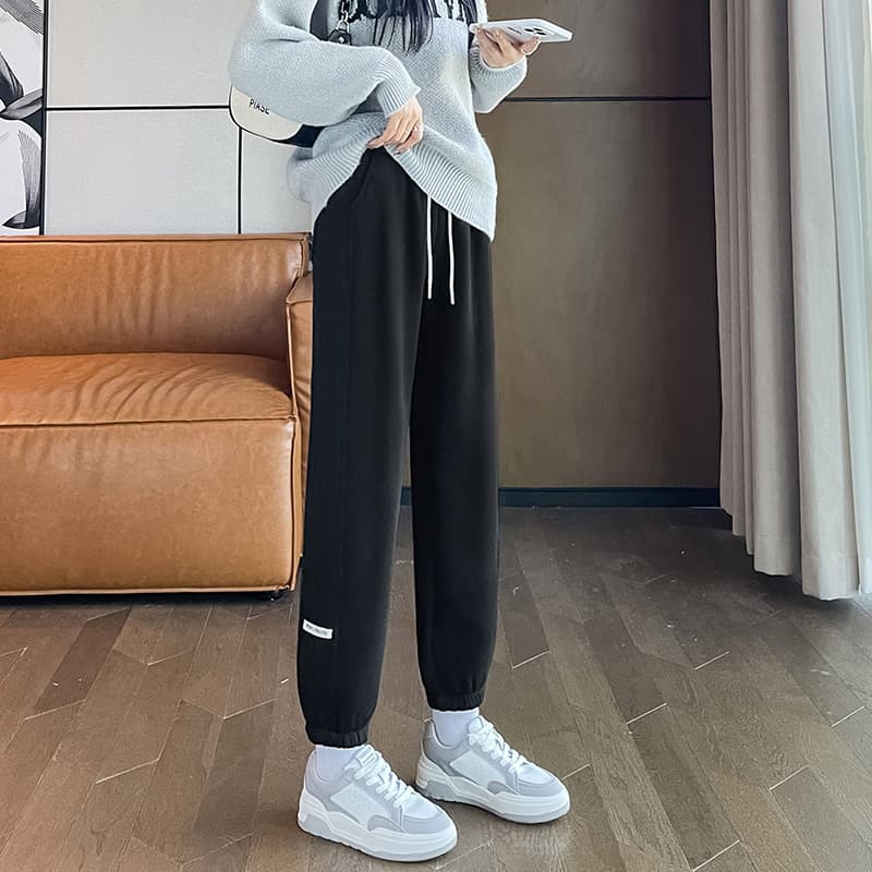 ベージュパンツ レディース ゆったりリブ裾ジョガーパンツ