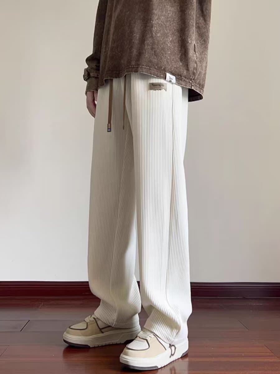 ベージュパンツ メンズ リブニット ゆったりパンツ