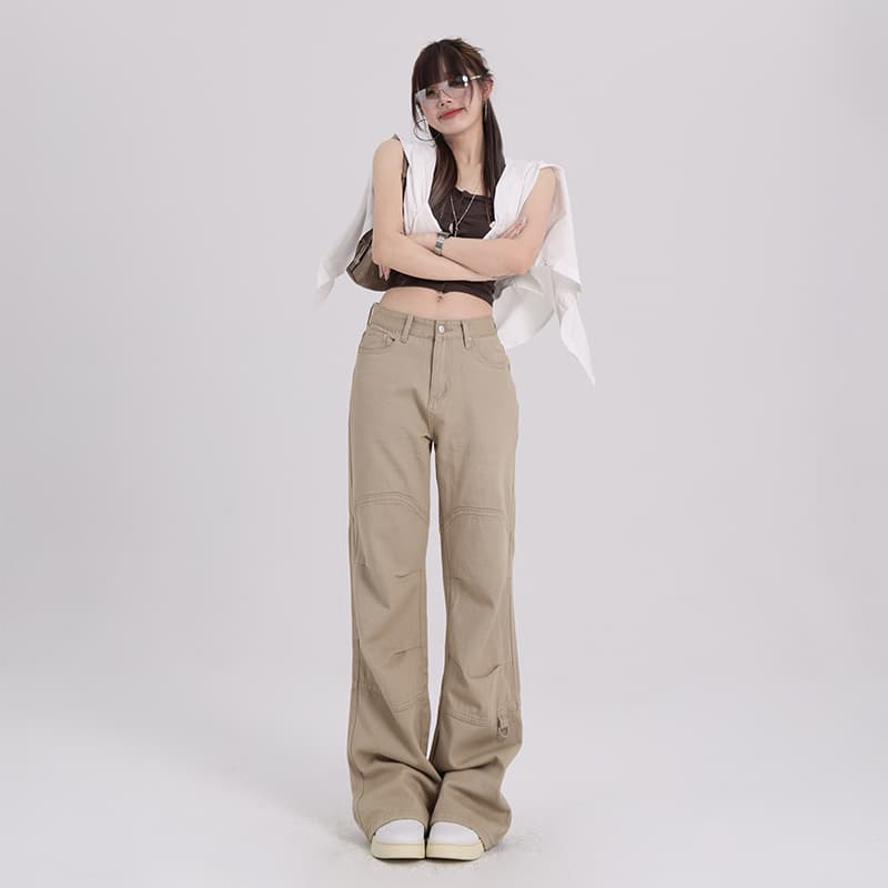 ベージュパンツ ゆったりワイドレッグ多機能ポケット付きワークパンツ