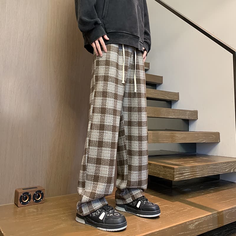 ベージュパンツ メンズ チェック柄ゆったりフィットパンツ