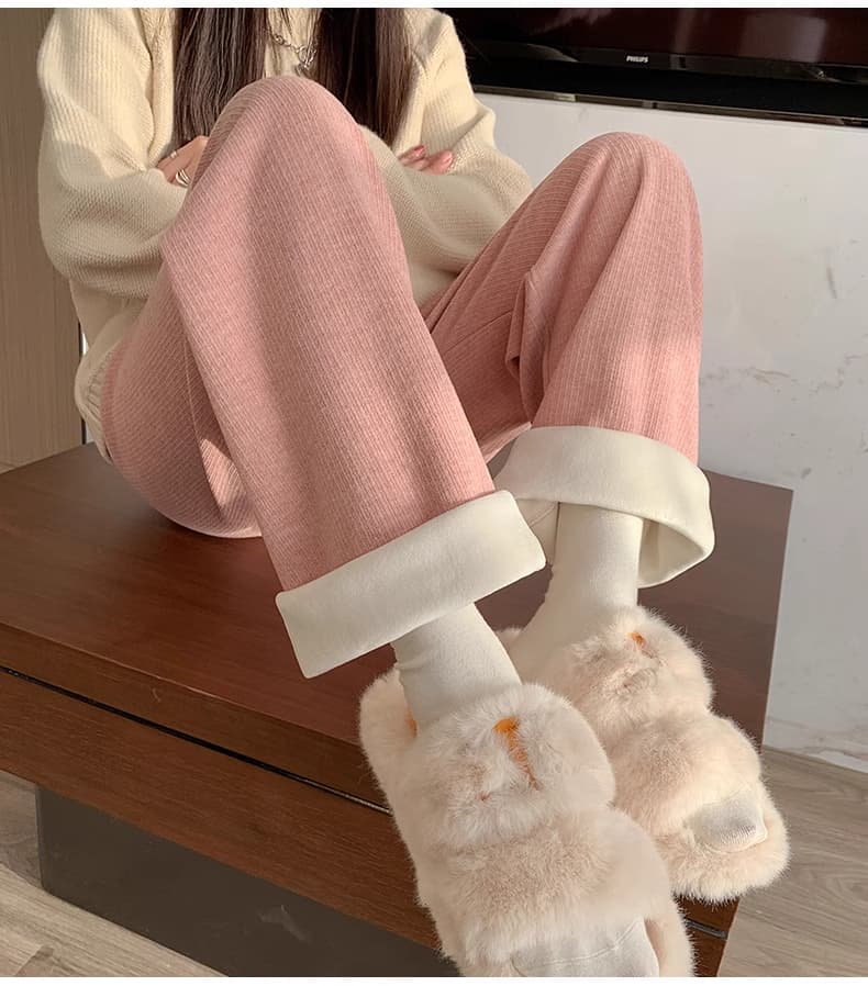 ベージュパンツ レディース ウエスト楽ちんリブニットワイドパンツ