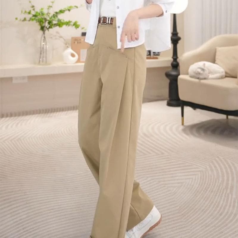 ベージュパンツ レディース ゆったりワイド丈ストレートパンツ