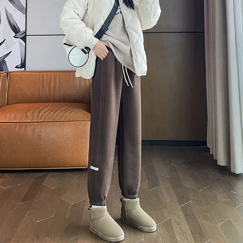 ベージュパンツ レディース ゆったりリブ裾ジョガーパンツ