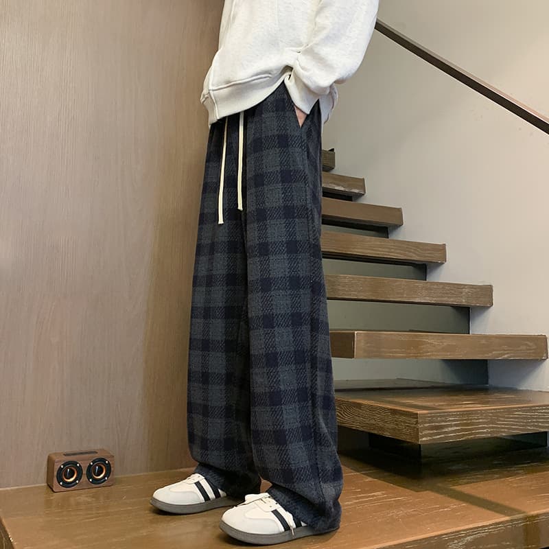ベージュパンツ メンズ チェック柄ゆったりフィットパンツ