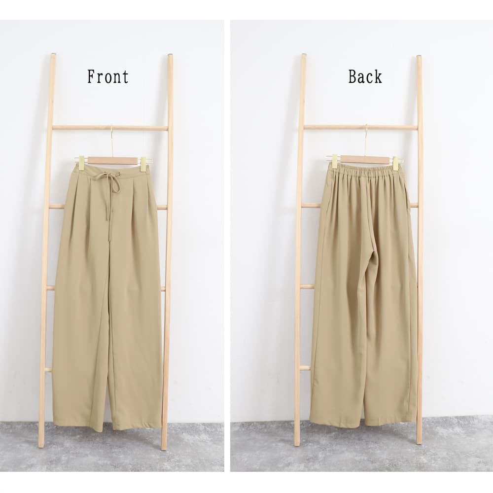 ベージュパンツ 美脚ハイウエストストレートパンツ ベージュ紐調節セミワイド