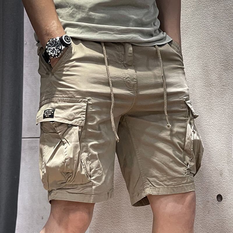 ベージュパンツ ドローコード付きカーゴハーフパンツ