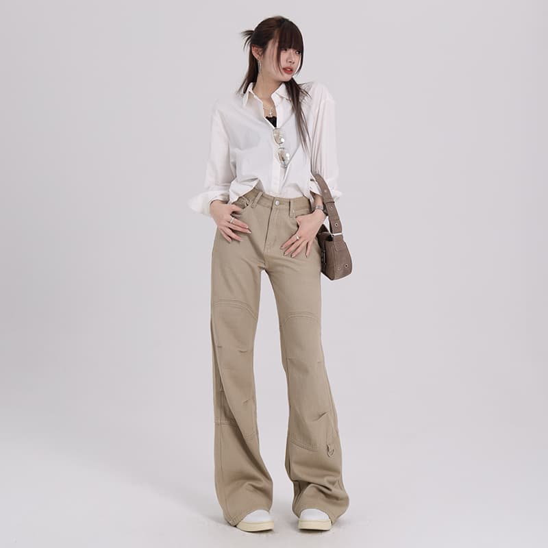 ベージュパンツ ゆったりワイドレッグ多機能ポケット付きワークパンツ
