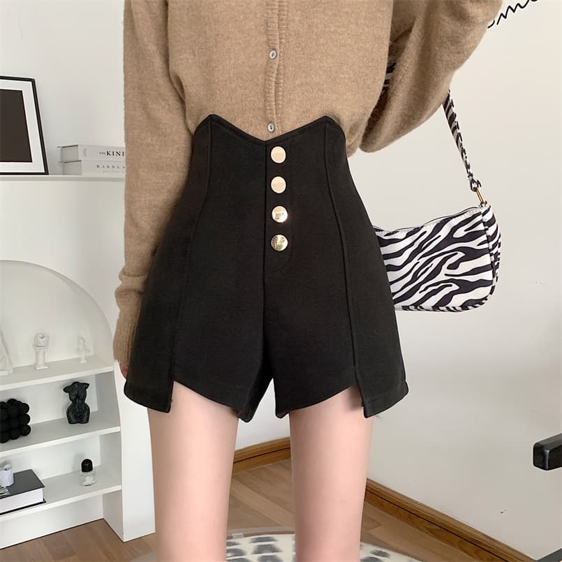 ベージュパンツ レディース ハイウエスト飾りボタン付きショートパンツ