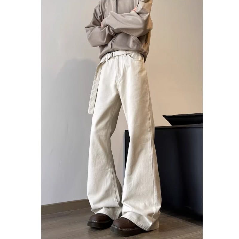 ベージュパンツ メンズ ゆったりフレアデニムパンツ