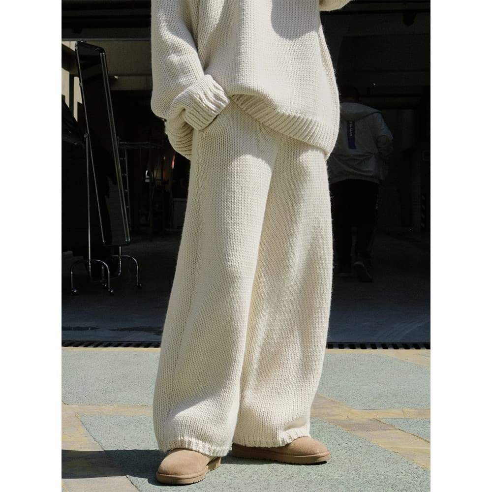 ベージュパンツ レディース ふんわりニット編み ゆったりパンツ