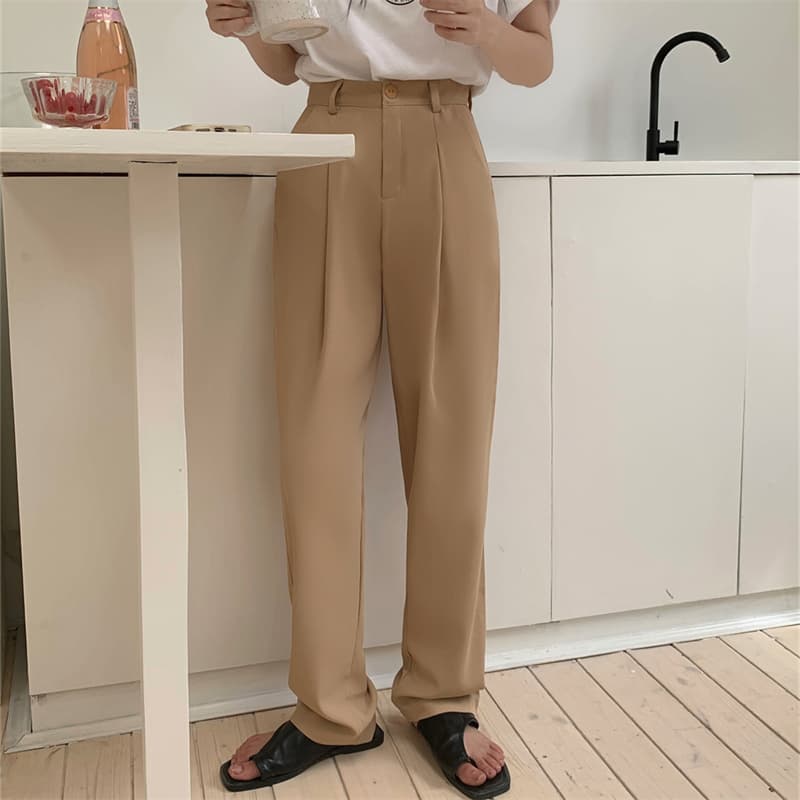 上品なハイウエストベージュパンツ ワイドロング