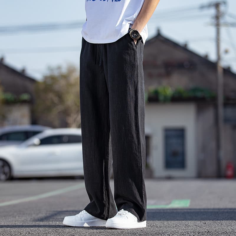 ベージュパンツ メンズ ゆったりリネン風リラックスパンツ