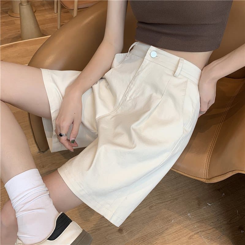 ベージュパンツ ハイウエストゆったりショートパンツ