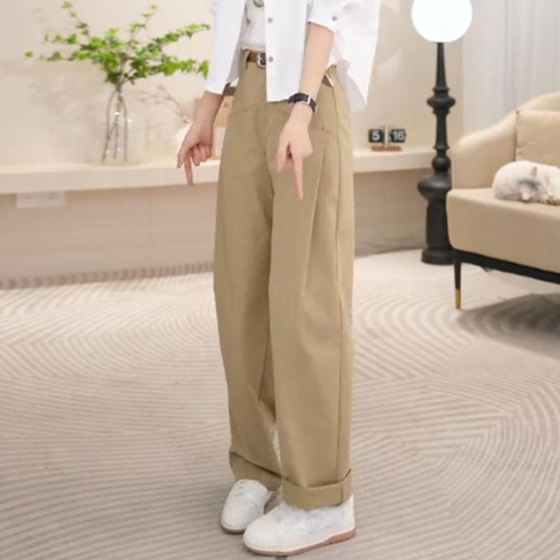 ベージュパンツ レディース ゆったりワイド丈ストレートパンツ