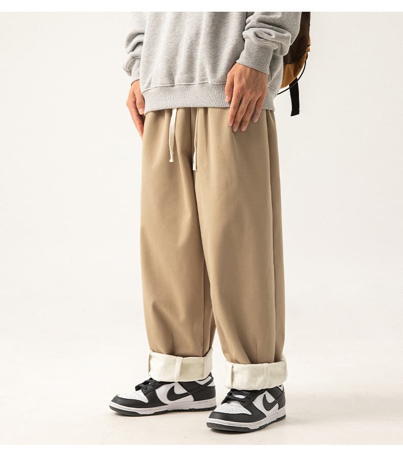 ベージュパンツ 裏起毛あったかワイドパンツ