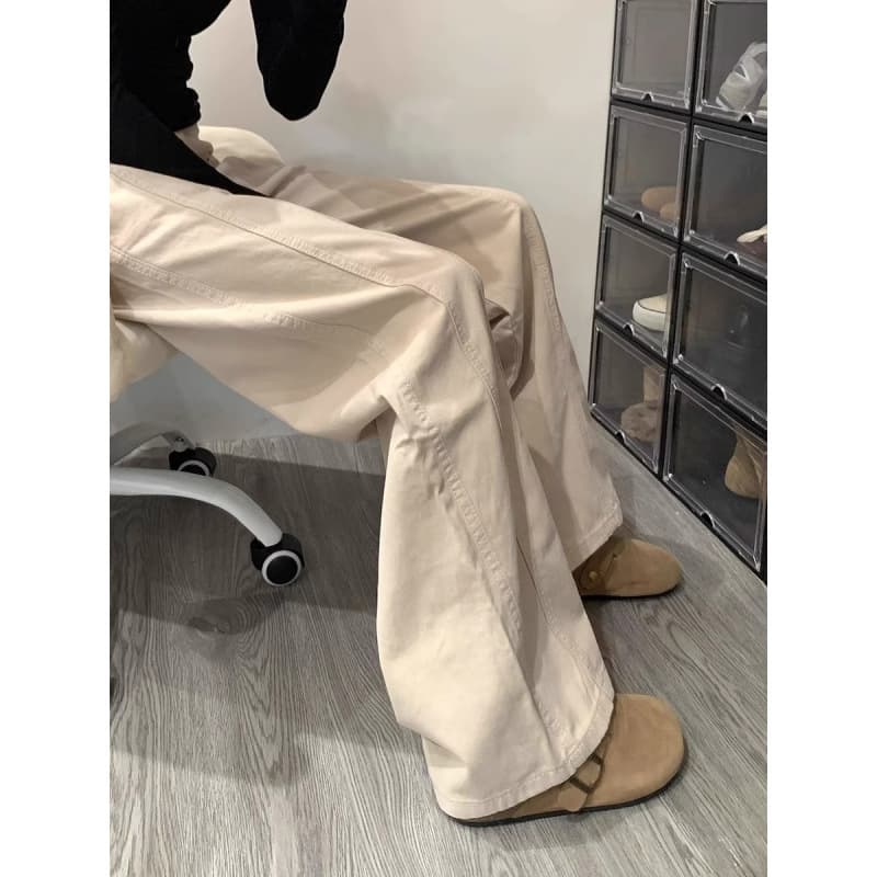 ベージュパンツ メンズ ゆったりシルエット綿素材長ズボン