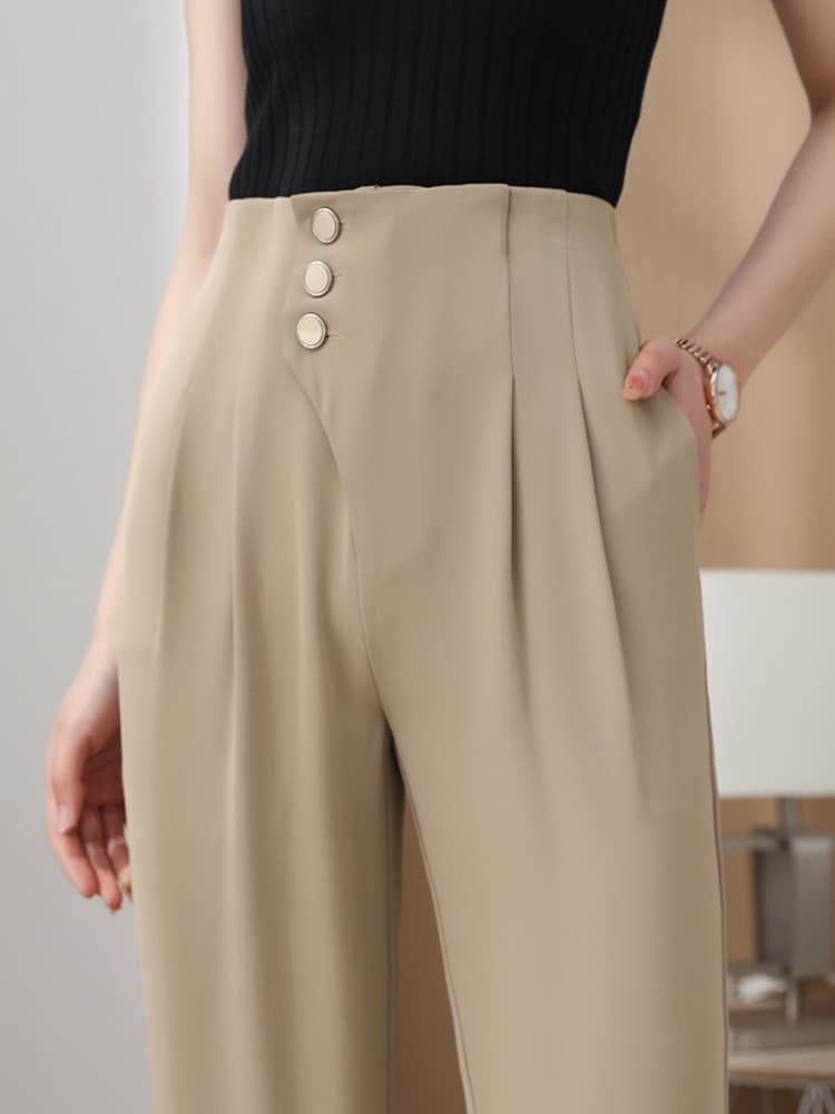 ベージュパンツ ハイウエストプリーツワイドパンツ