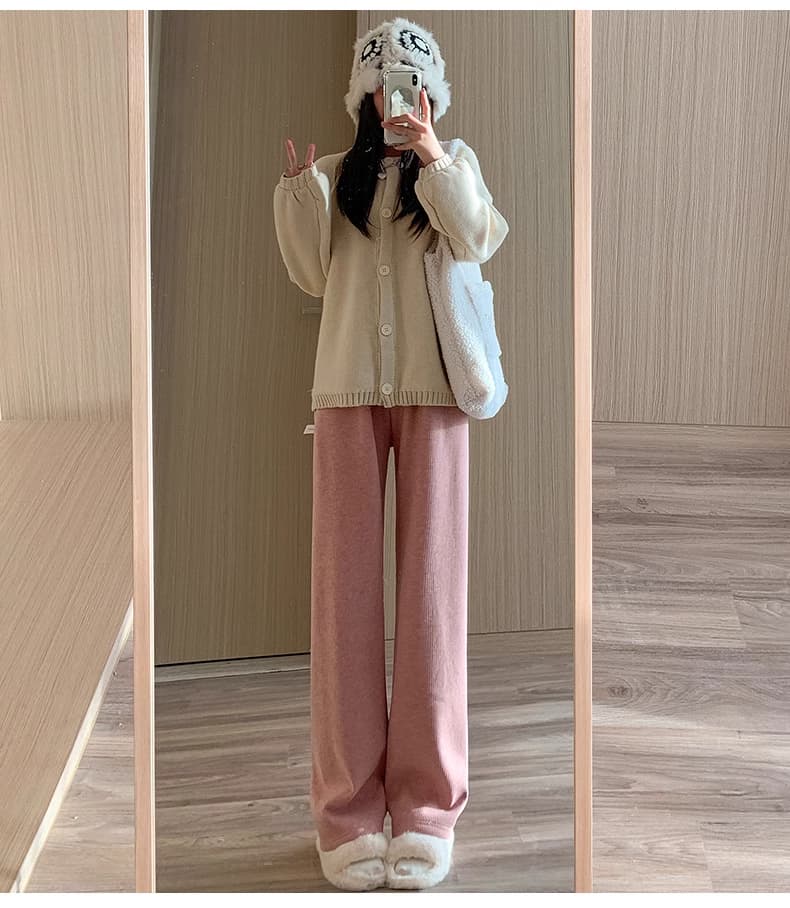 ベージュパンツ レディース ウエスト楽ちんリブニットワイドパンツ