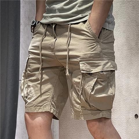 ベージュパンツ ドローコード付きカーゴハーフパンツ