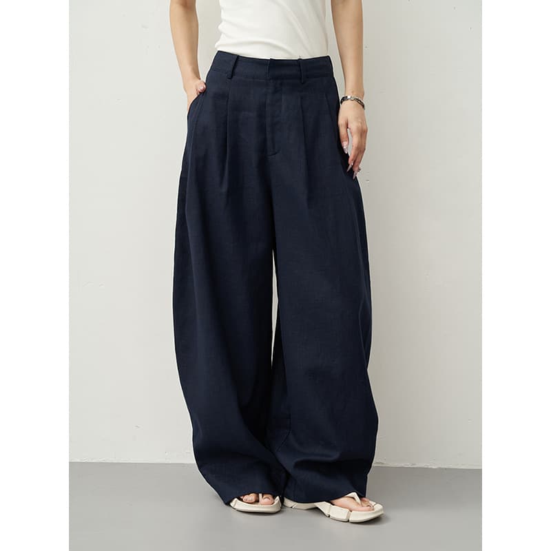 ベージュパンツ リネン混ワイドパンツ
