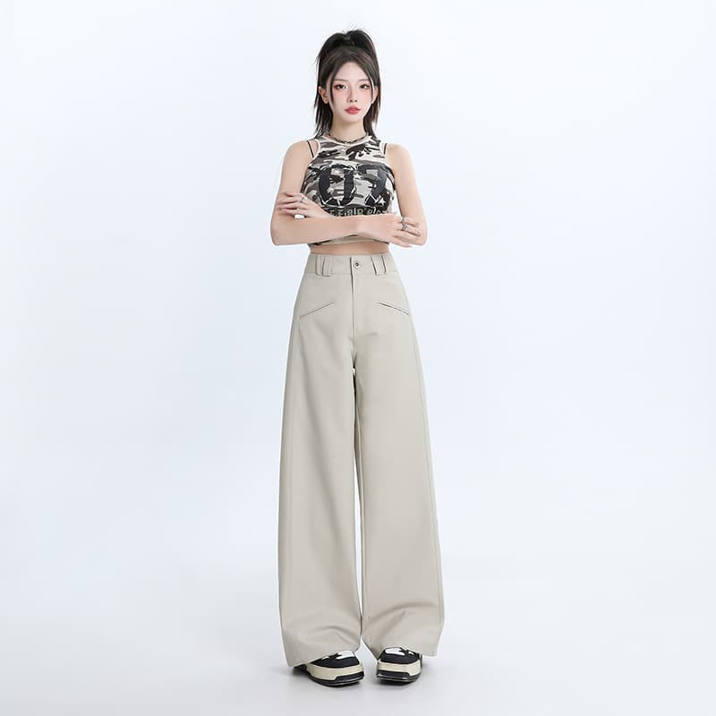 ベージュパンツ レディース ワイドシルエットハイウエストパンツ