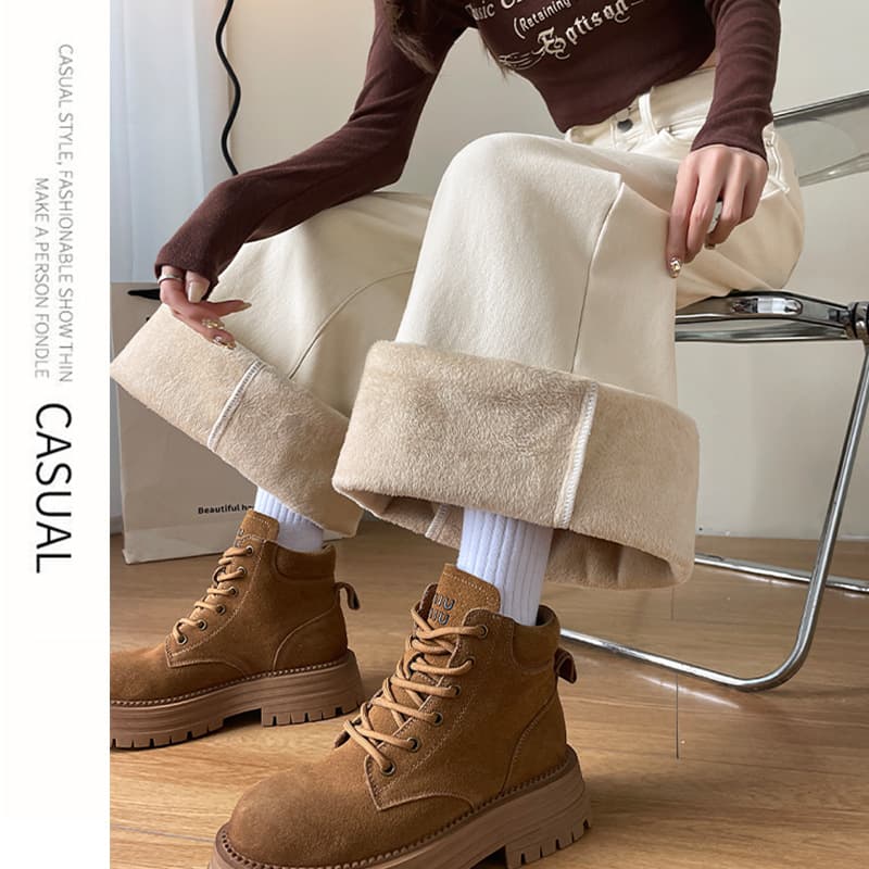 ベージュパンツ ベージュ裏ボア付きワイドパンツ